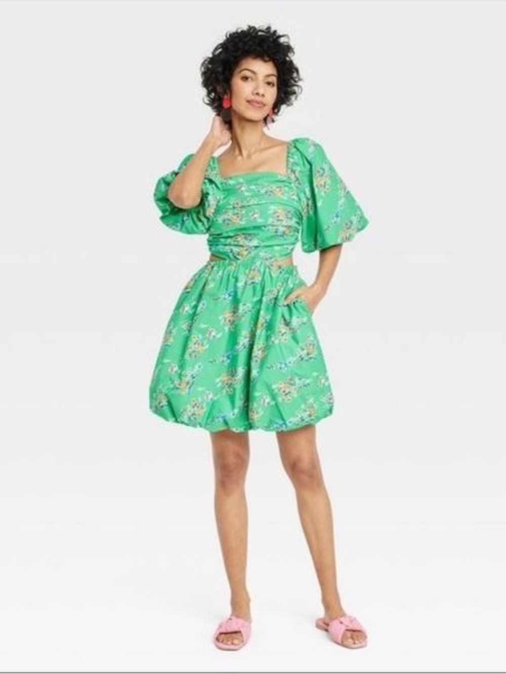 a new day Bright Green Floral Puff-Sleeve Mini Dress